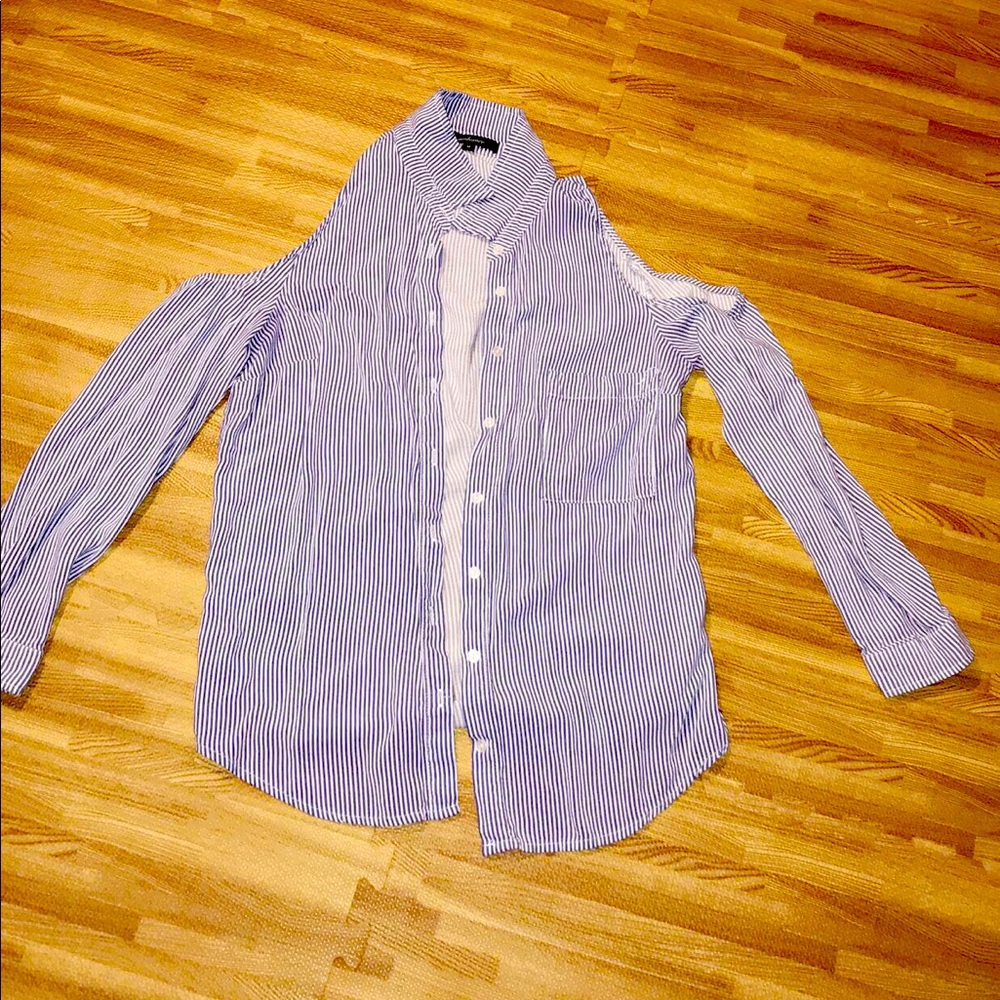 CUTE BLUE STRIPED BLOUSE+LITTLE SHOULDER DESIGN